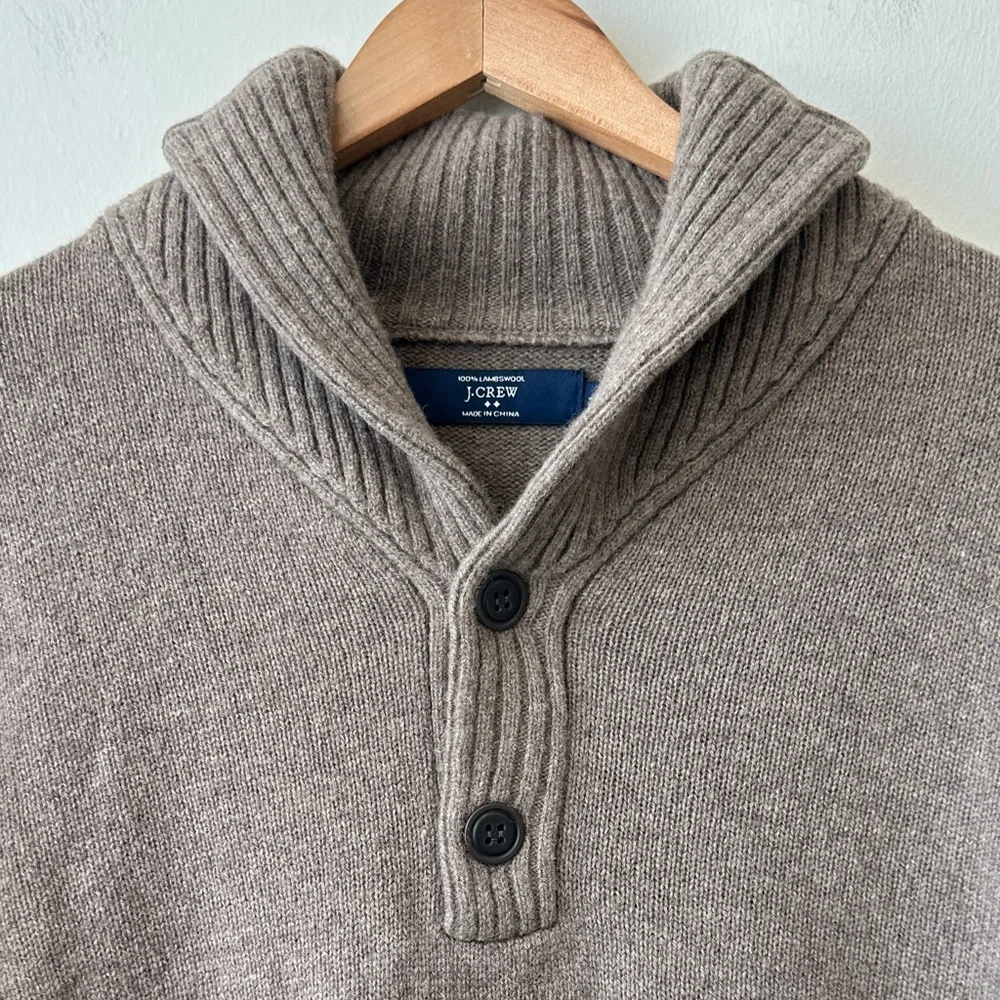 J. Crew 100% Lambswool Men's Shawl Collar Henley Sweater in Light Brown